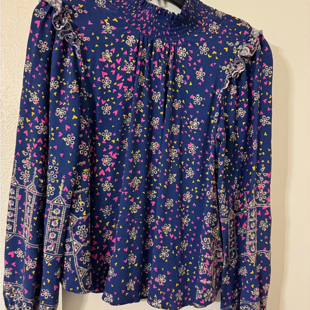 Hale Bob Blue Ruffled Mandarin Collar Blouse